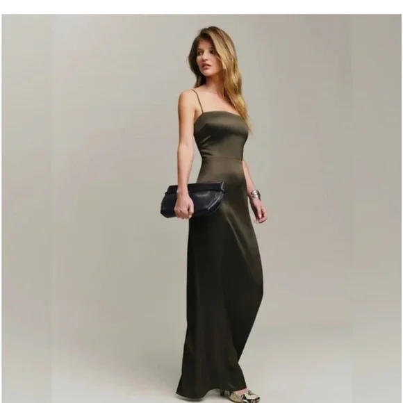 Reformation Frankie Silk Dress in Olive Green - Picture 2 of 4